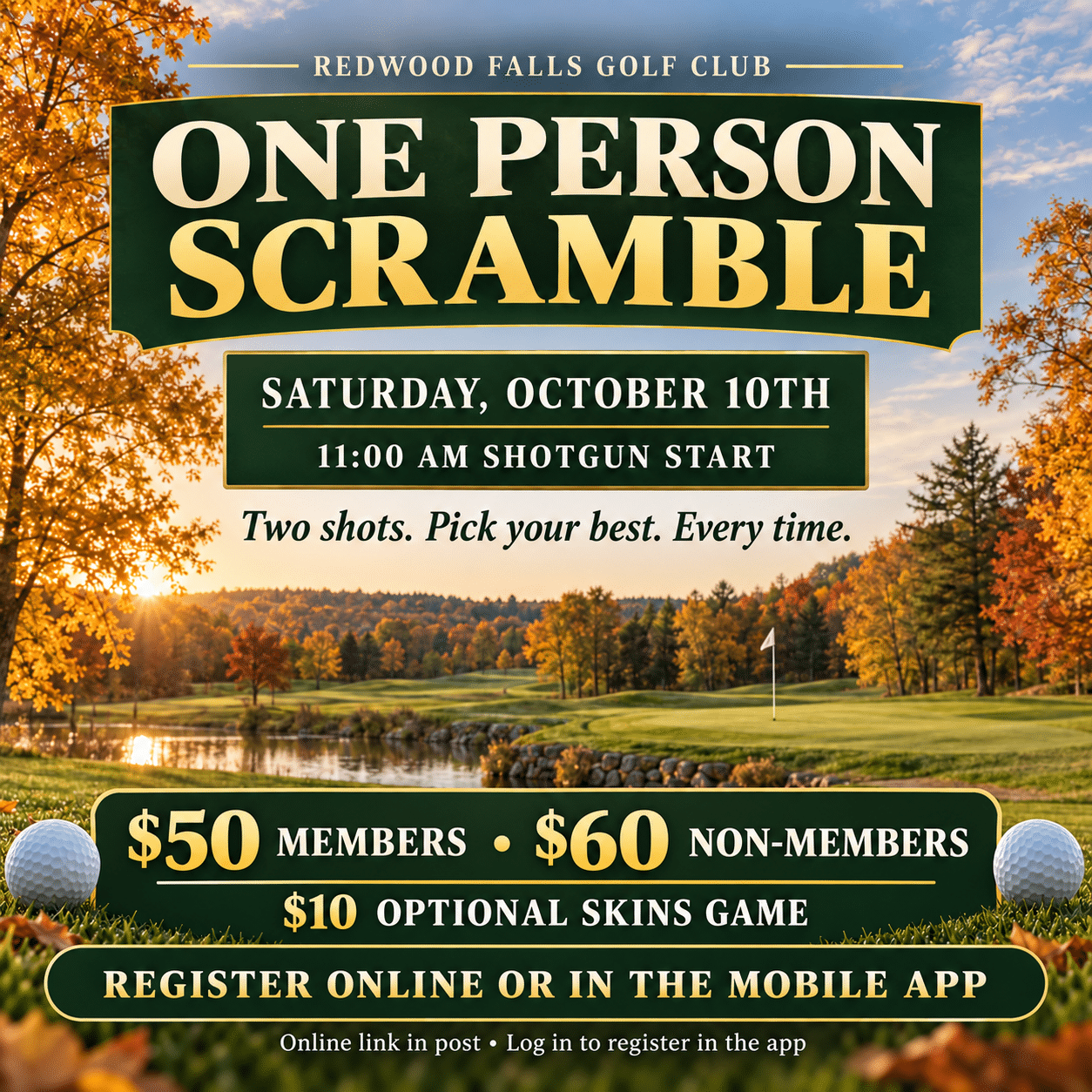 Redwood Falls Golf Club One Person Scramble — October 10, 2026, at 11:00 AM. Click to register.